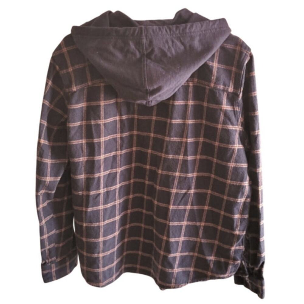 Original Use Mens Button Down Flannel Shirt L Hooded Shacket Navy Double Pockets - Picture 7 of 9